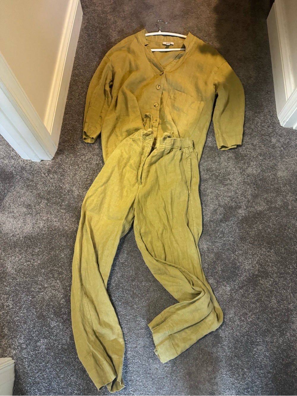 COS Olive-Mustard Linen Button-Front Top pants set